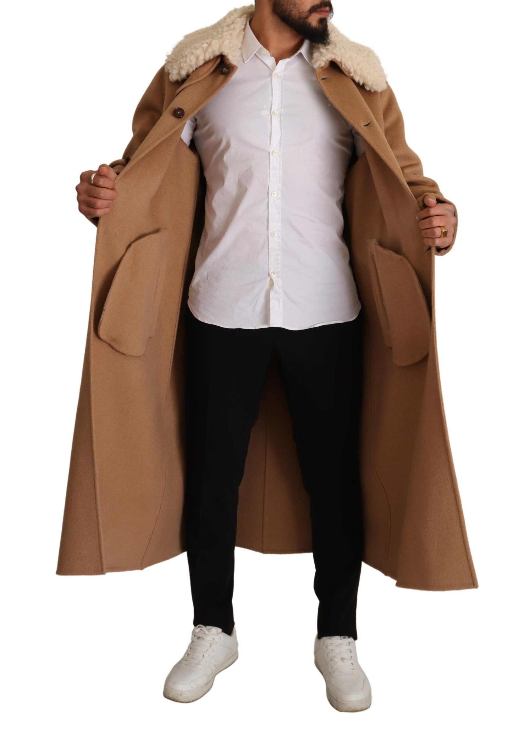 Beige kameelkleurige kasjmier schapenvacht overjas