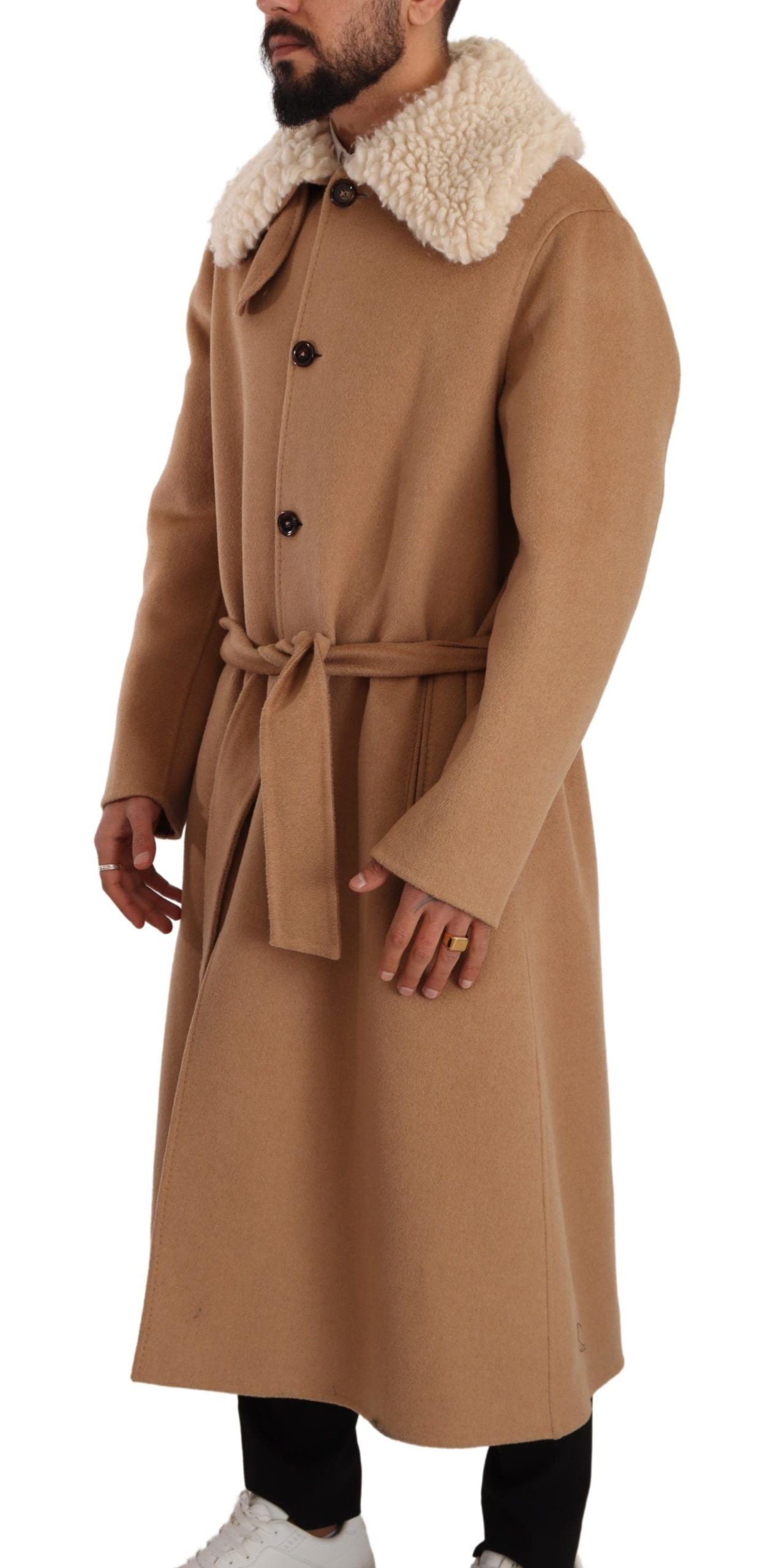 Beige kameelkleurige kasjmier schapenvacht overjas