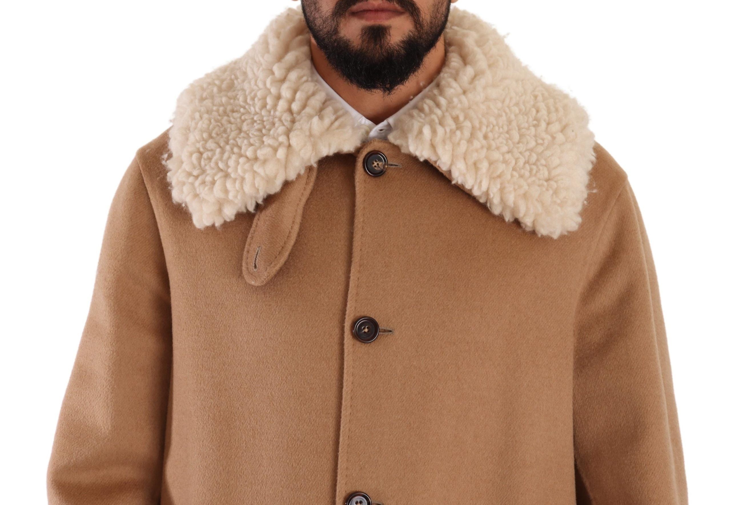 Beige kameelkleurige kasjmier schapenvacht overjas