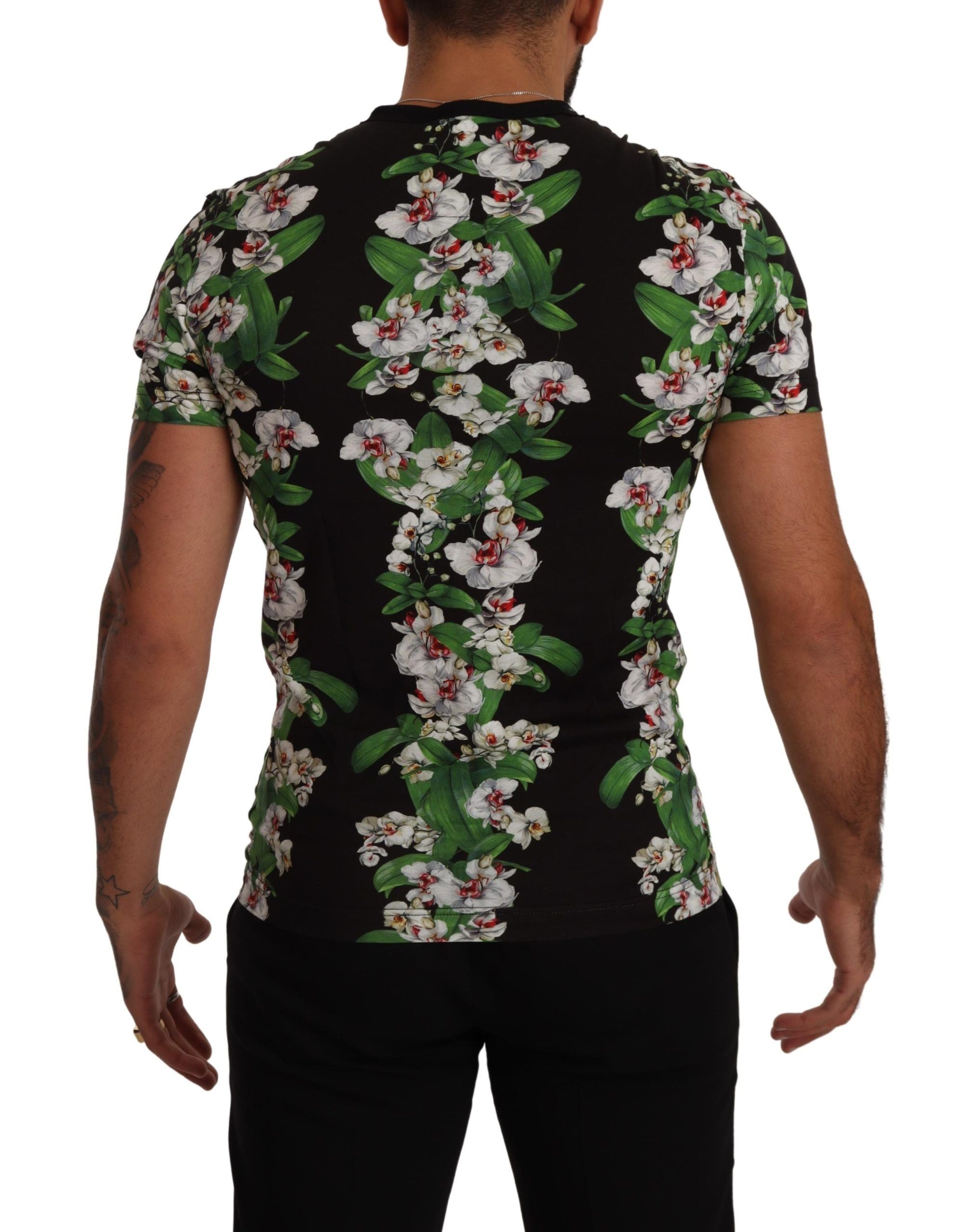 Zwart T-shirt met ronde hals en bloemenprint