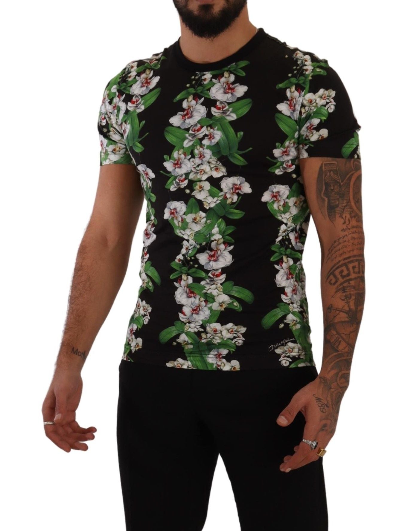Zwart T-shirt met ronde hals en bloemenprint
