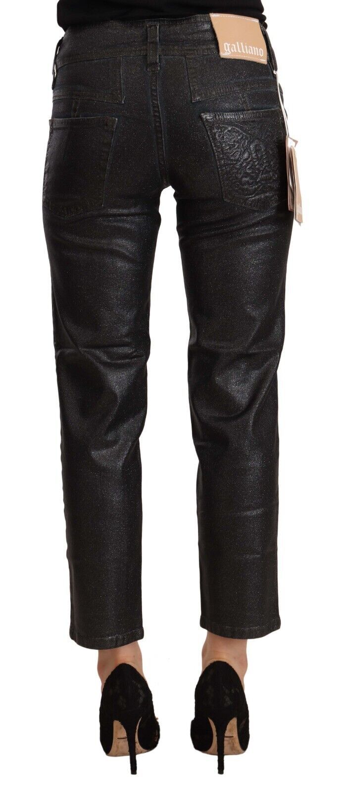 Zwarte, glinsterende, katoenen cropped broek met middelhoge taille