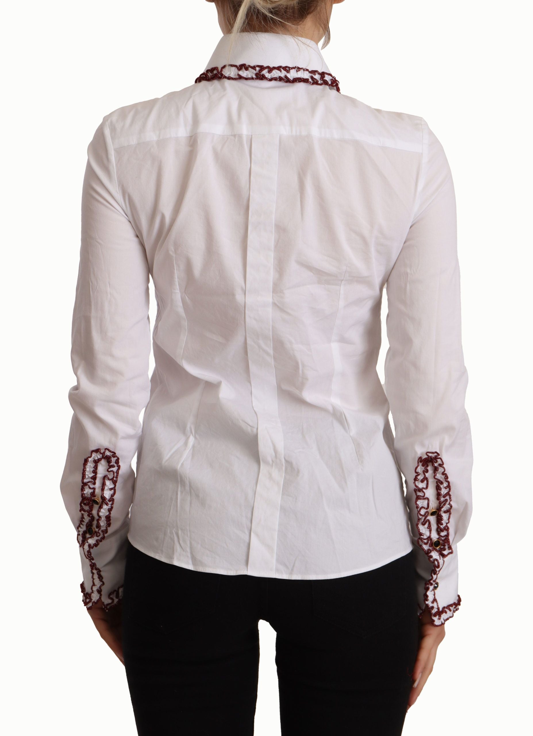 Wit katoenen kanten shirt met lange mouwen en rucheskraag