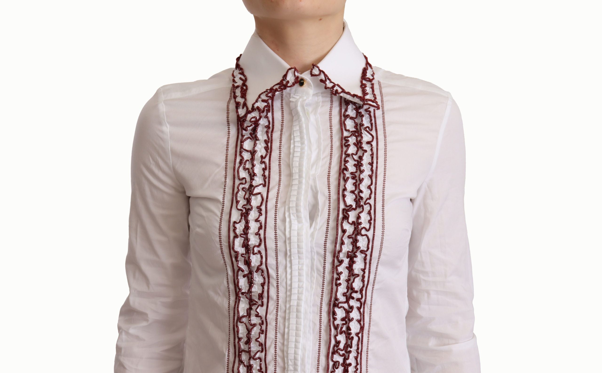 Wit katoenen kanten shirt met lange mouwen en rucheskraag