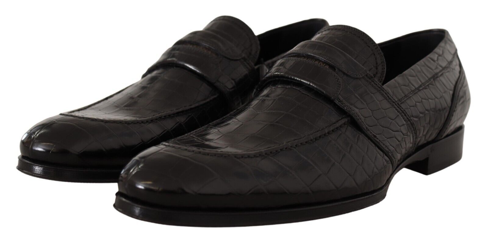 Zwarte krokodillenleren instapmocassinschoenen