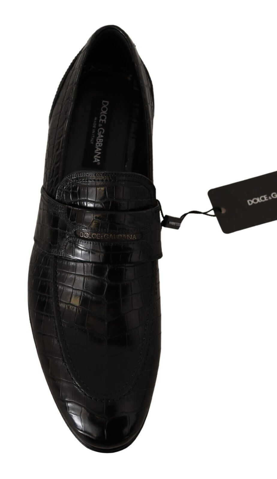 Zwarte krokodillenleren instapmocassinschoenen