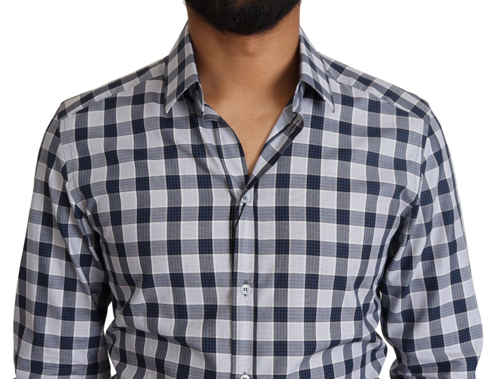 Blauw-wit geruit katoenen slim fit goudkleurig overhemd