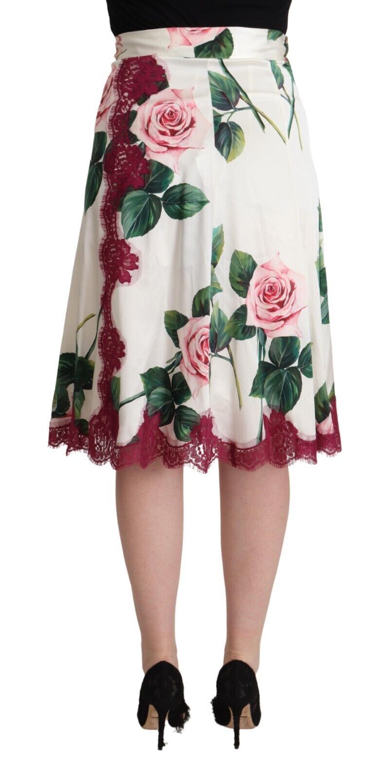 Witte A-lijn midi-rok met rozenprint en hoge taille