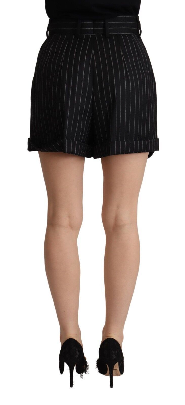 Zwarte gestreepte wollen hoge taille broek Bermuda shorts