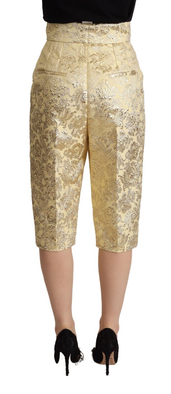 Beige bloemenbrokaat hoge taille broek cropped broek