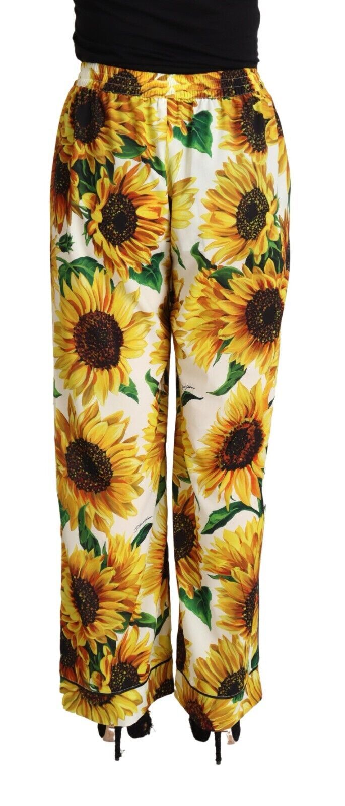 Witte zonnebloemprint broek met wijde pijpen en middelhoge taille