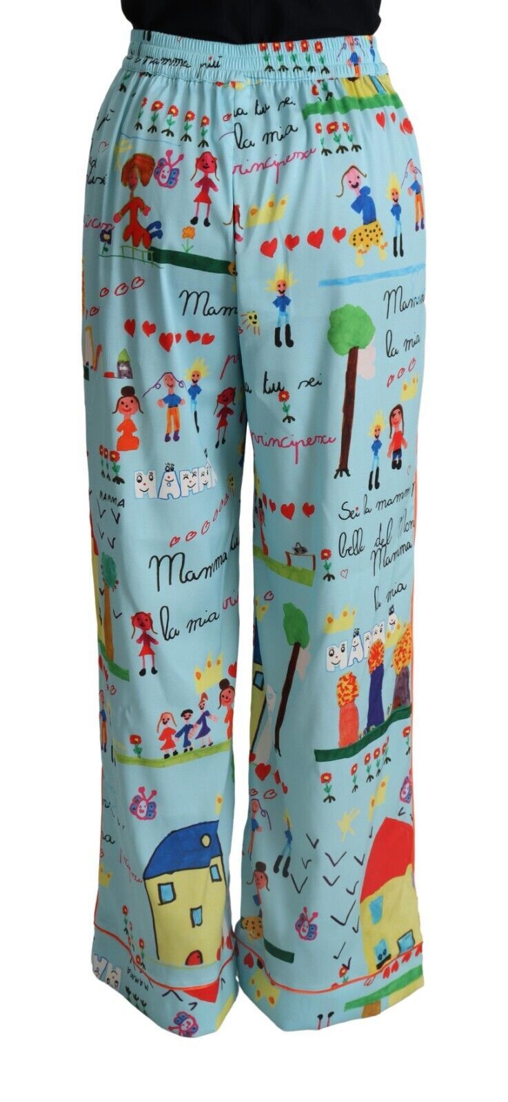 Lichtblauwe tekeningbroek met wijde pijpen en middelhoge taille