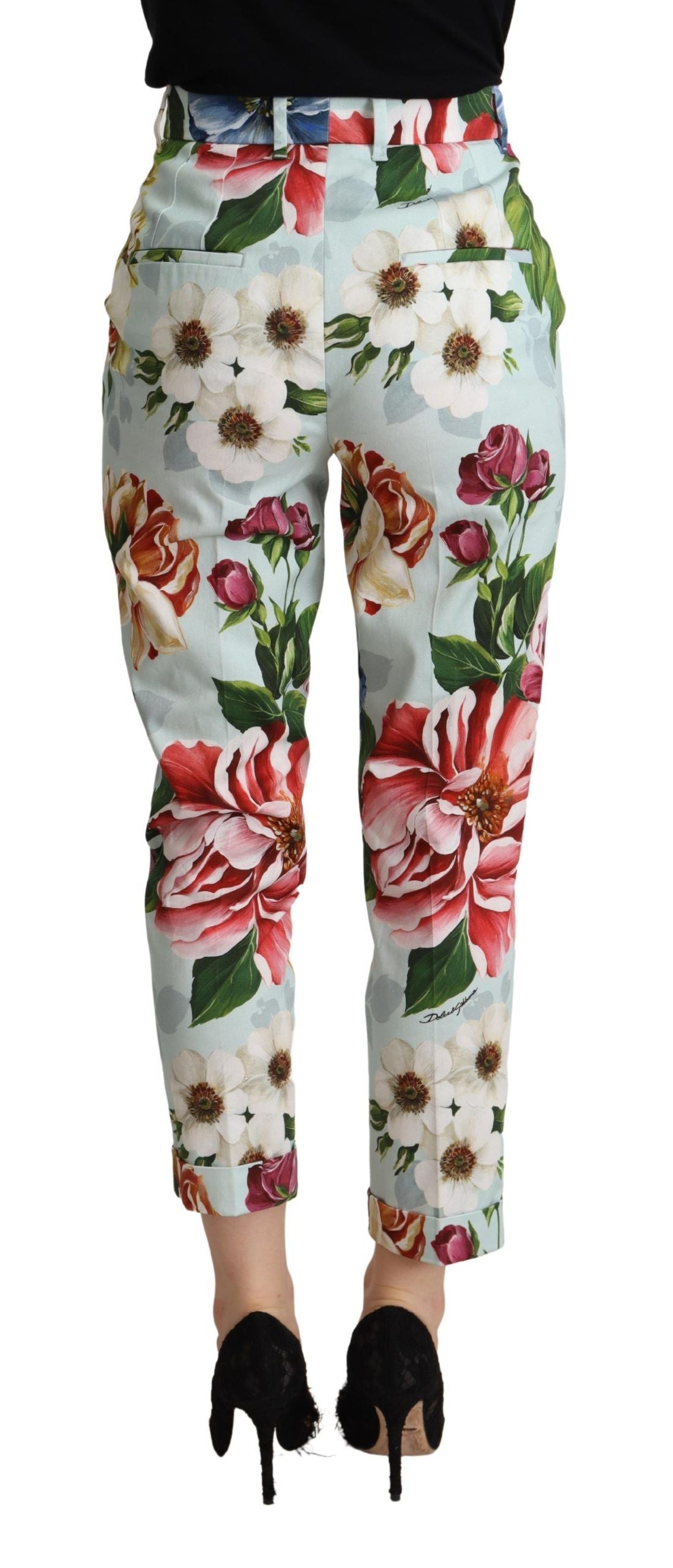 Lichtblauwe Fiori-print katoenen broek met taps toelopende pijpen