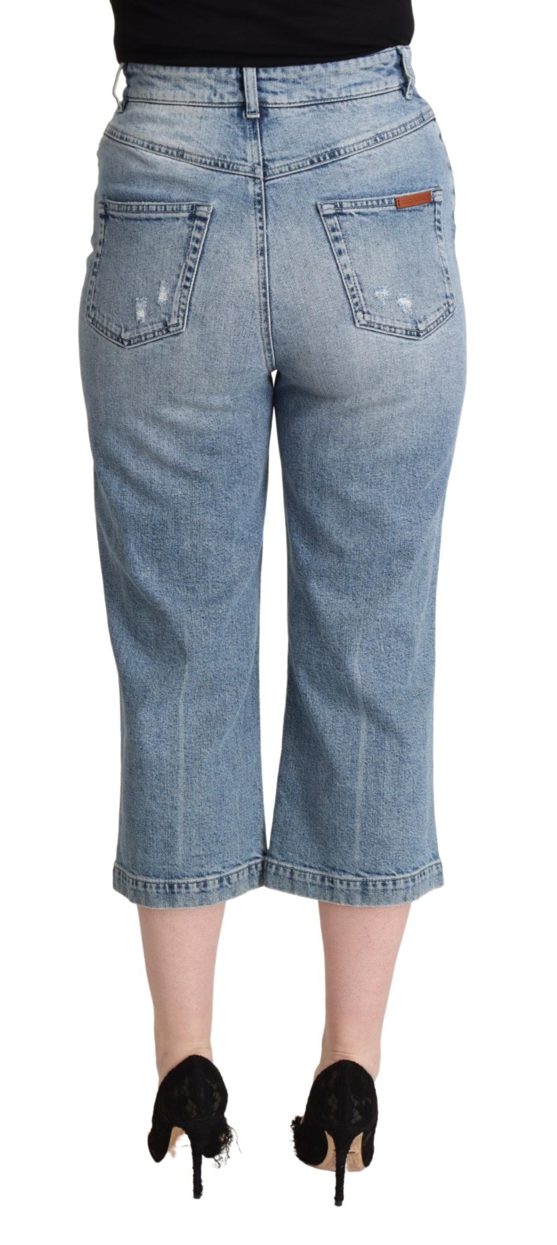 Blauwe gehavende katoenen denim capri cropped jeans