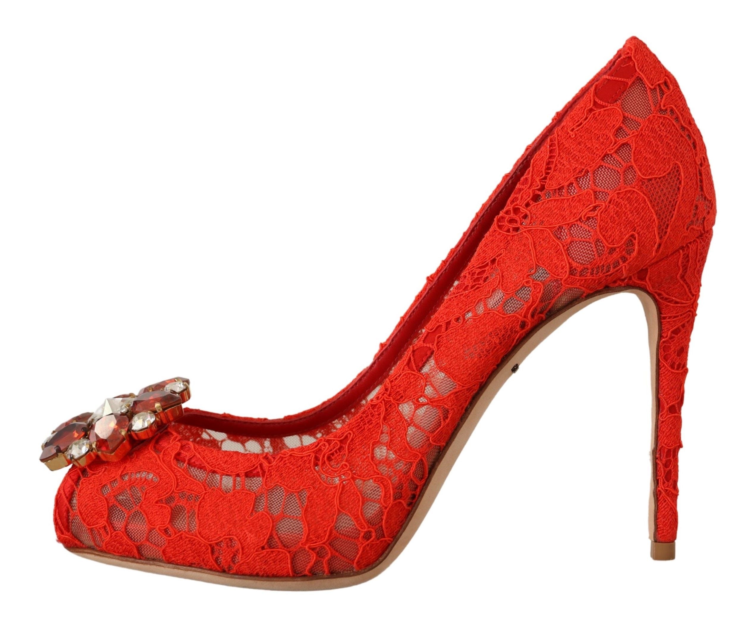 Rode Taormina kant kristallen hakken pumps