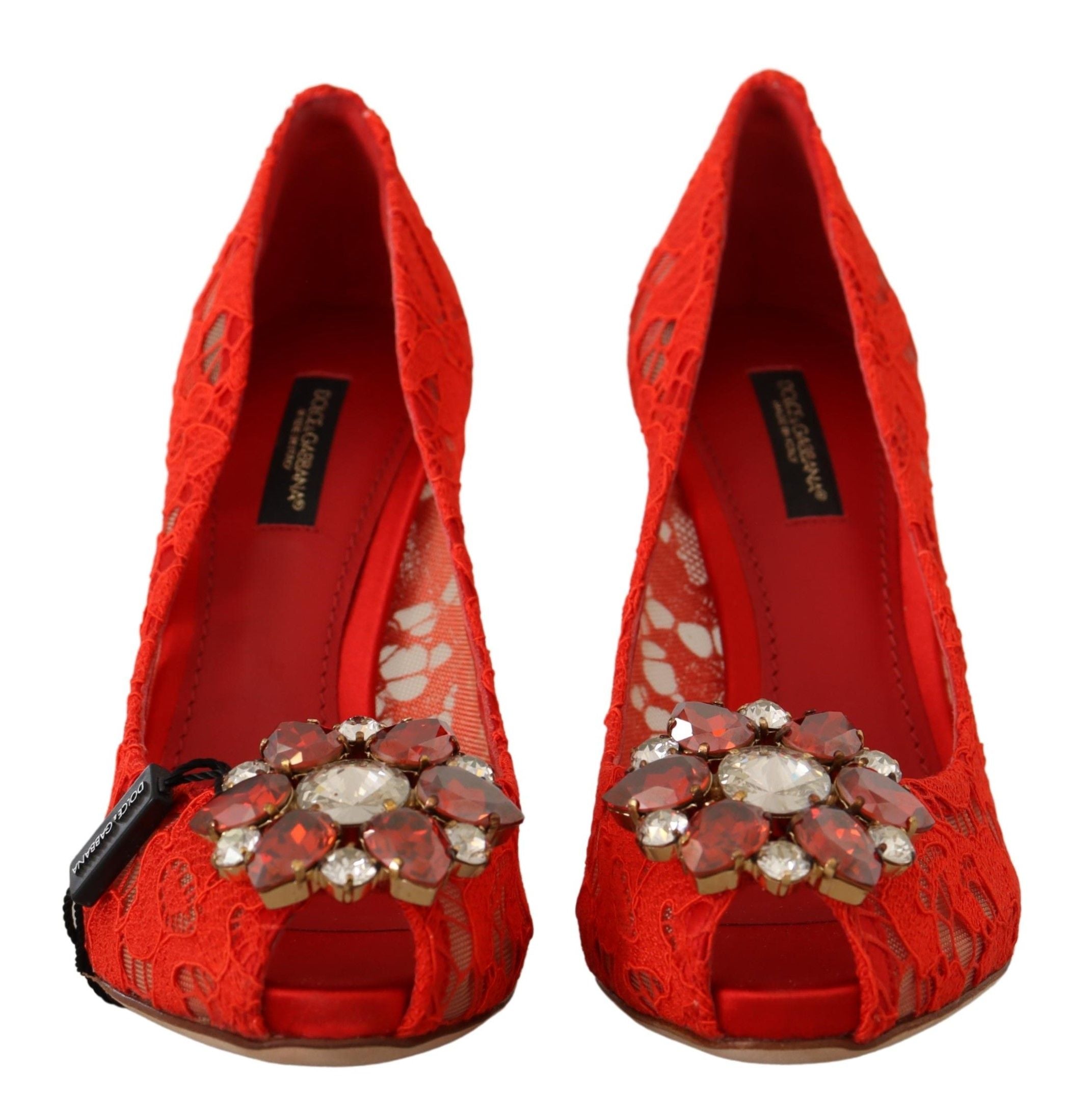 Rode Taormina kant kristallen hakken pumps