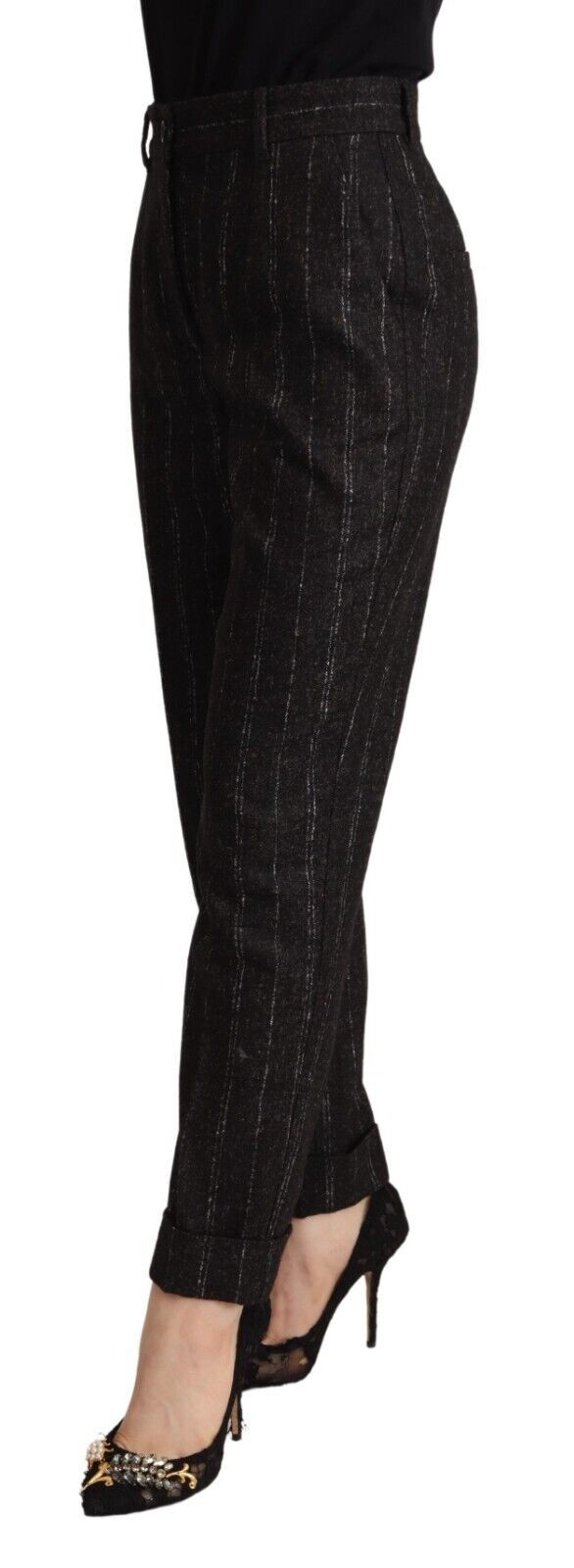 Zwarte gestreepte hoge taille taps toelopende broek