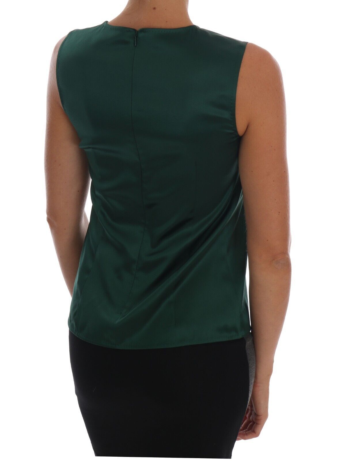 Donkergroene zijden mouwloze tanktop met ronde hals