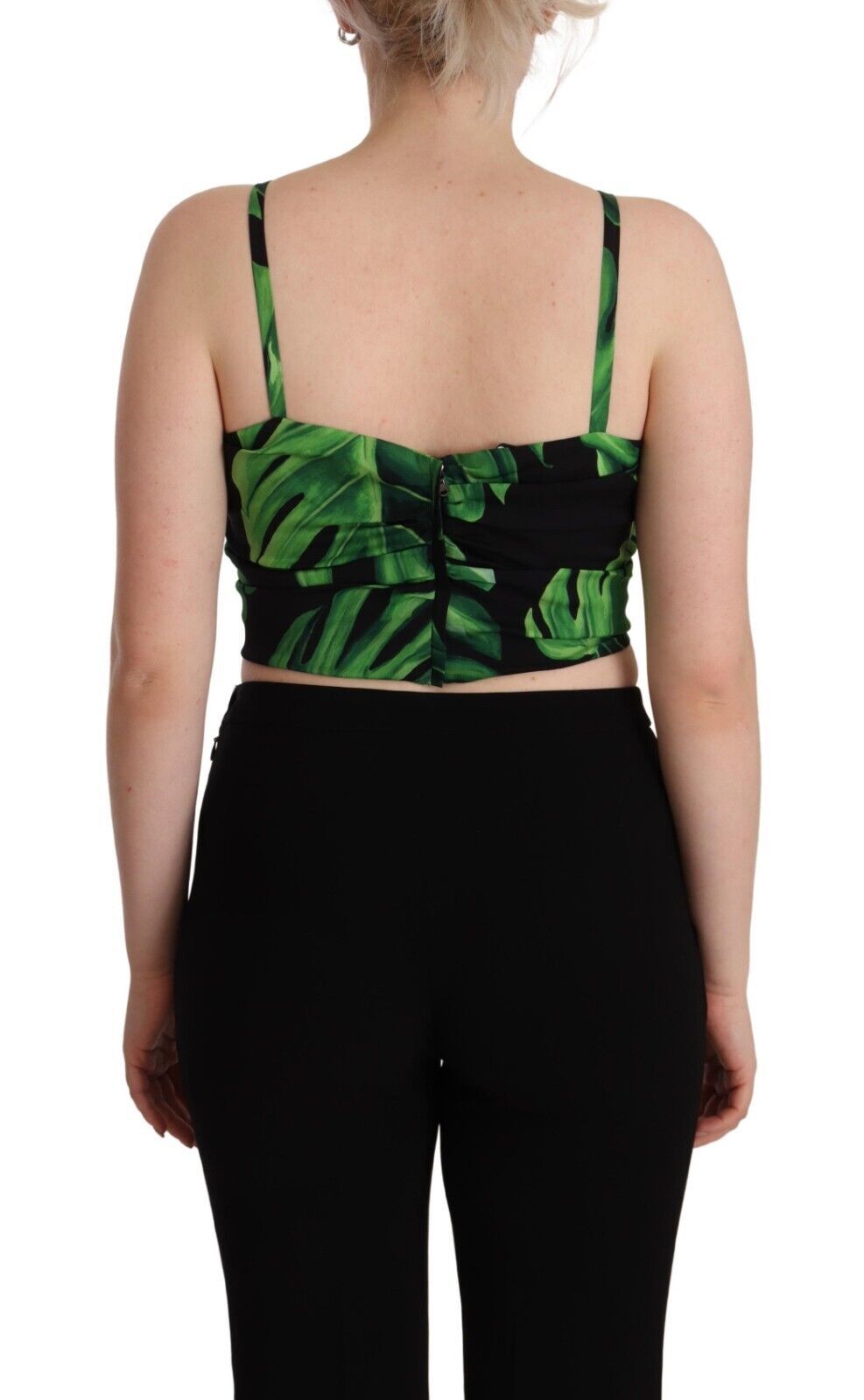 Zwarte, groene, zijden haltertop met cropped blad