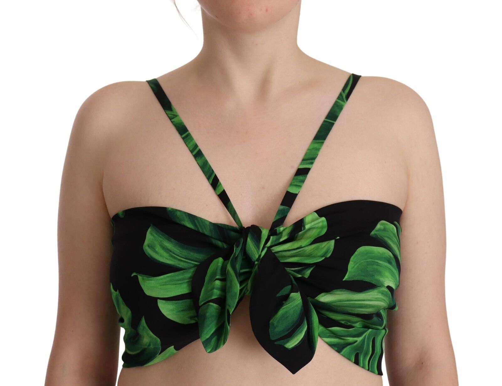 Zwarte, groene, zijden haltertop met cropped blad