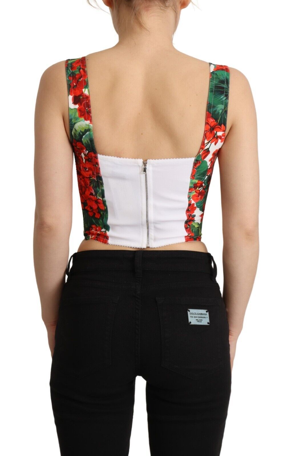 Viscose crop top met rode geraniumprint en sweetheart-hals