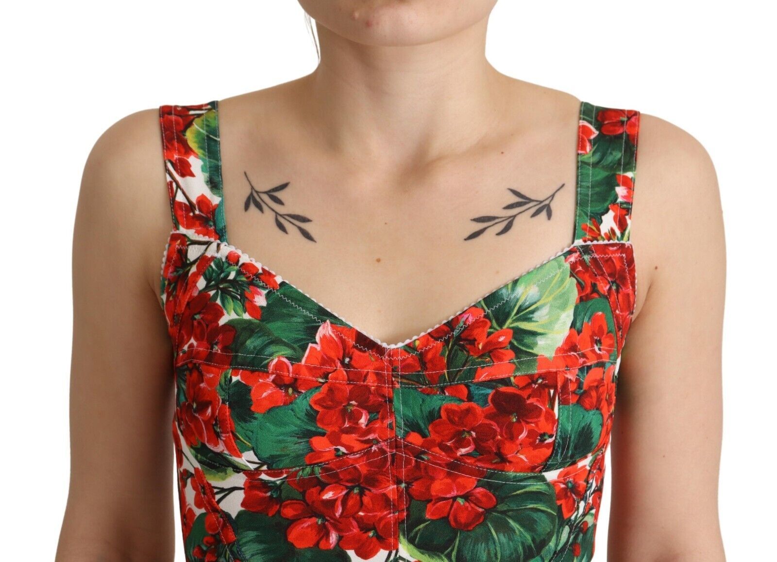 Viscose crop top met rode geraniumprint en sweetheart-hals