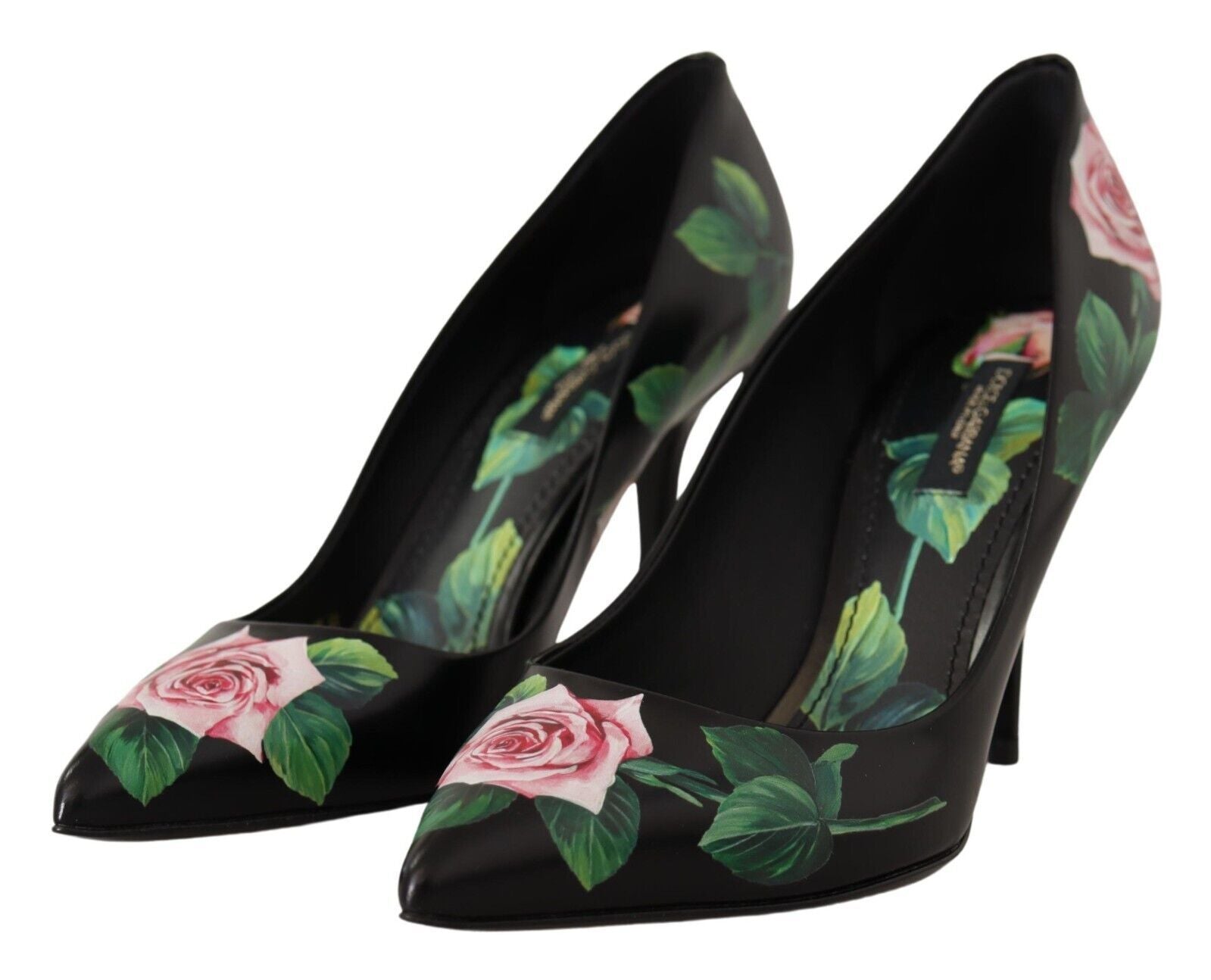 Zwarte leren rozen hoge hakken pumps schoenen
