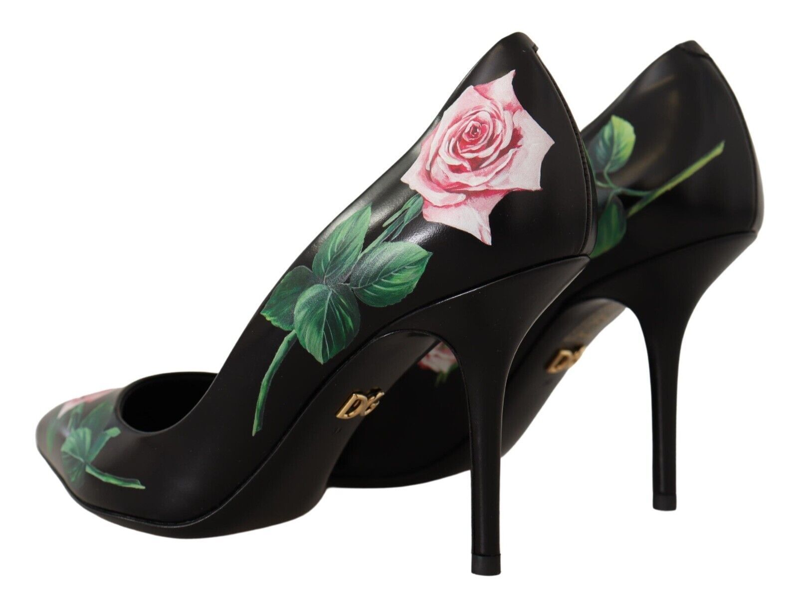 Zwarte leren rozen hoge hakken pumps schoenen