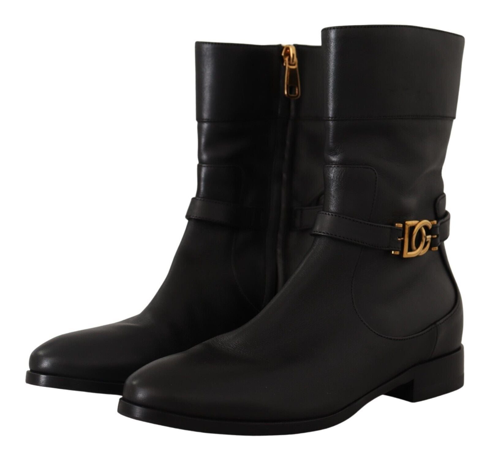 Zwarte leren flats met logo en korte laarzen