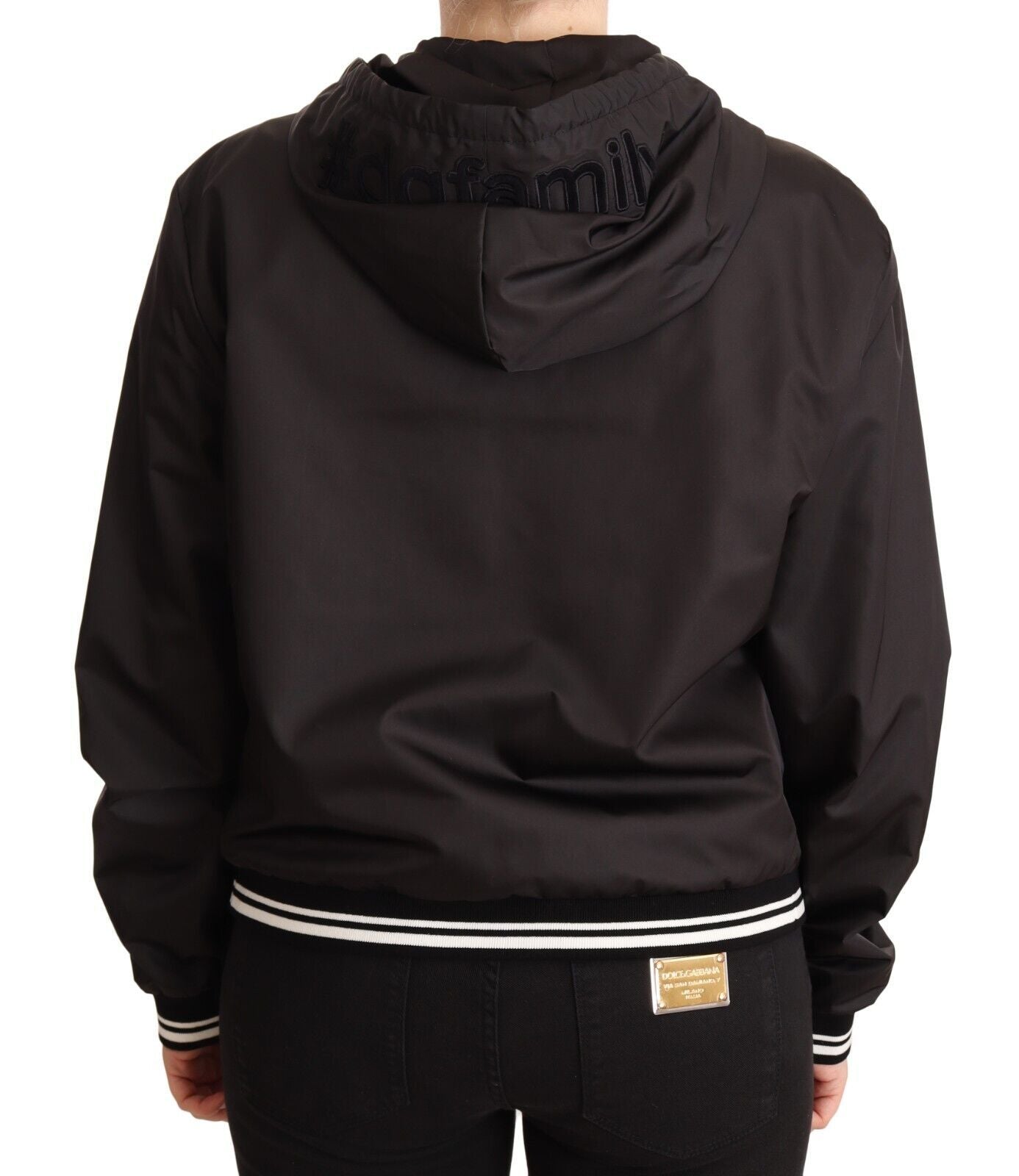Zwarte polyester bomberjack met capuchon en volledige ritssluiting