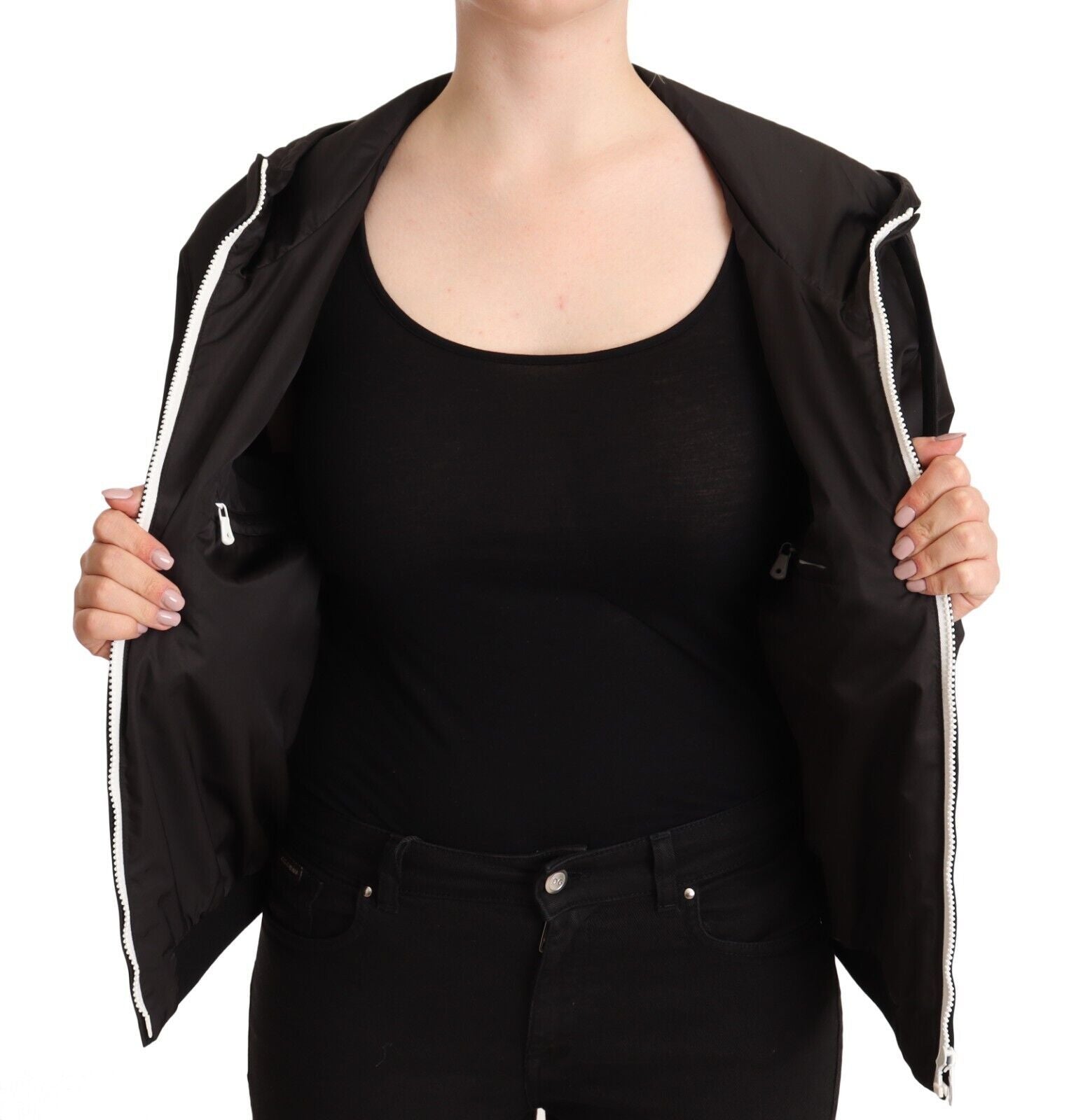 Zwarte polyester bomberjack met capuchon en volledige ritssluiting
