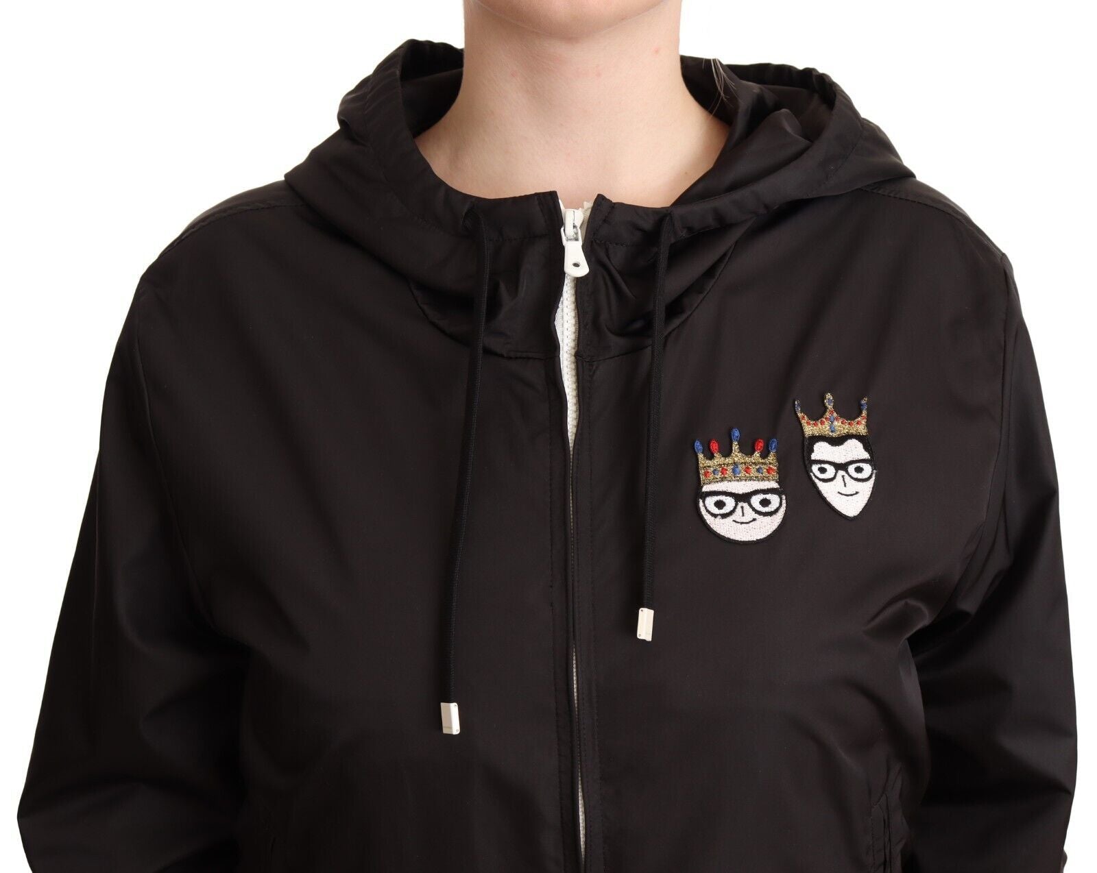 Zwarte polyester bomberjack met capuchon en volledige ritssluiting