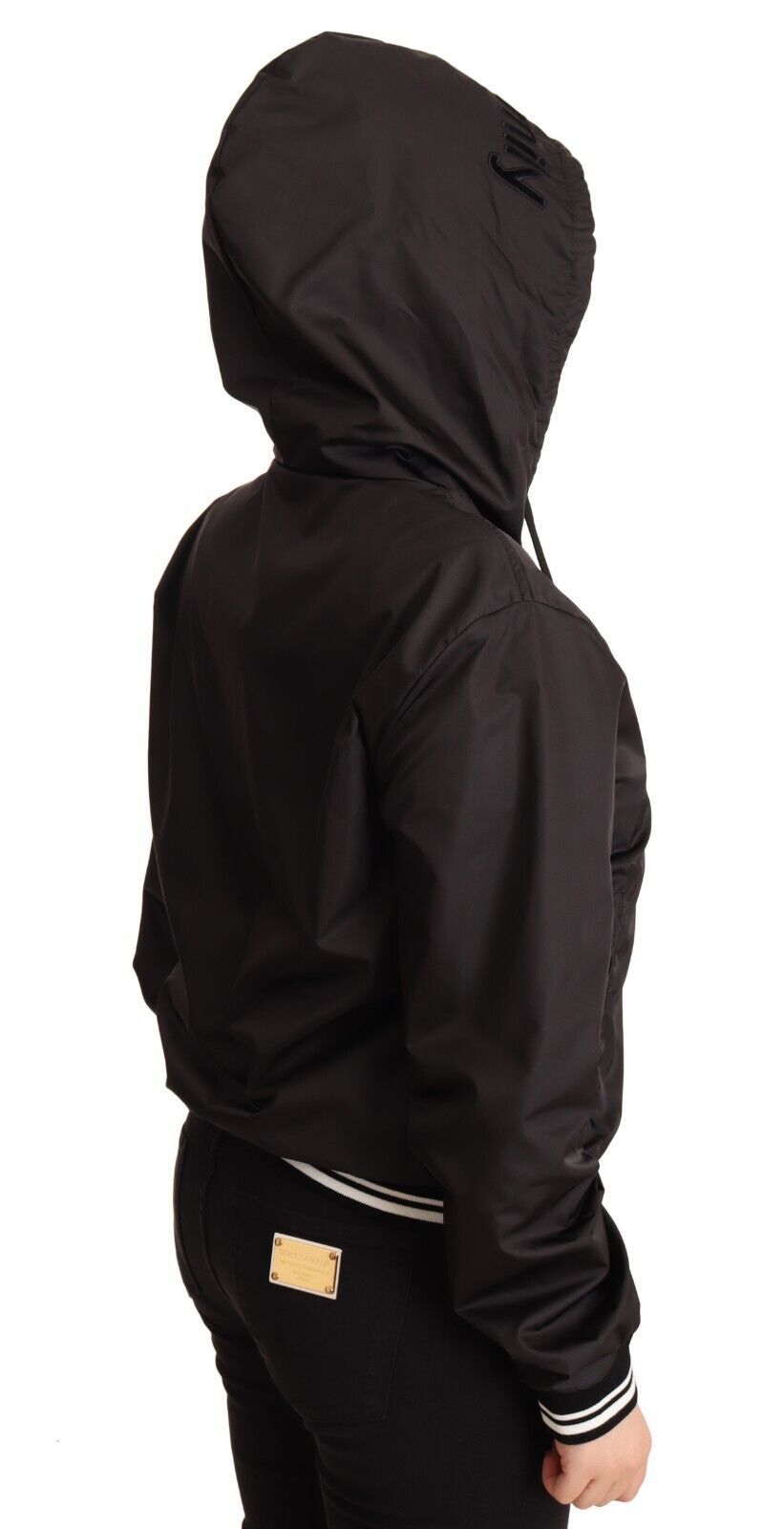 Zwarte polyester bomberjack met capuchon en volledige ritssluiting
