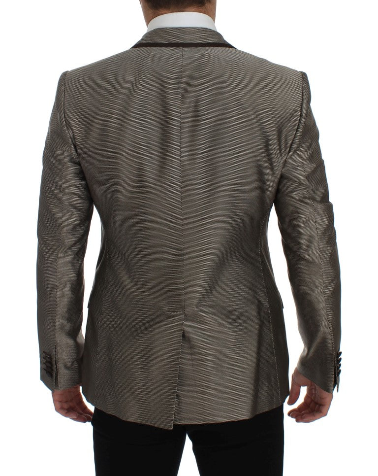 Bruine, slim fit zijden blazer met twee knopen