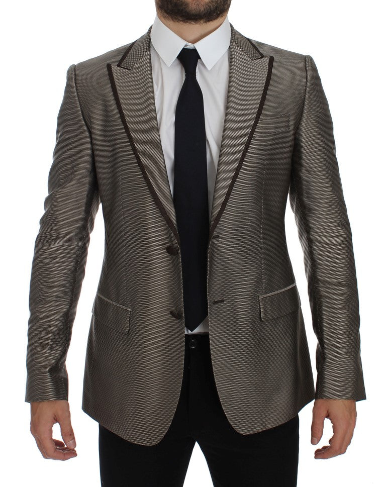 Bruine, slim fit zijden blazer met twee knopen