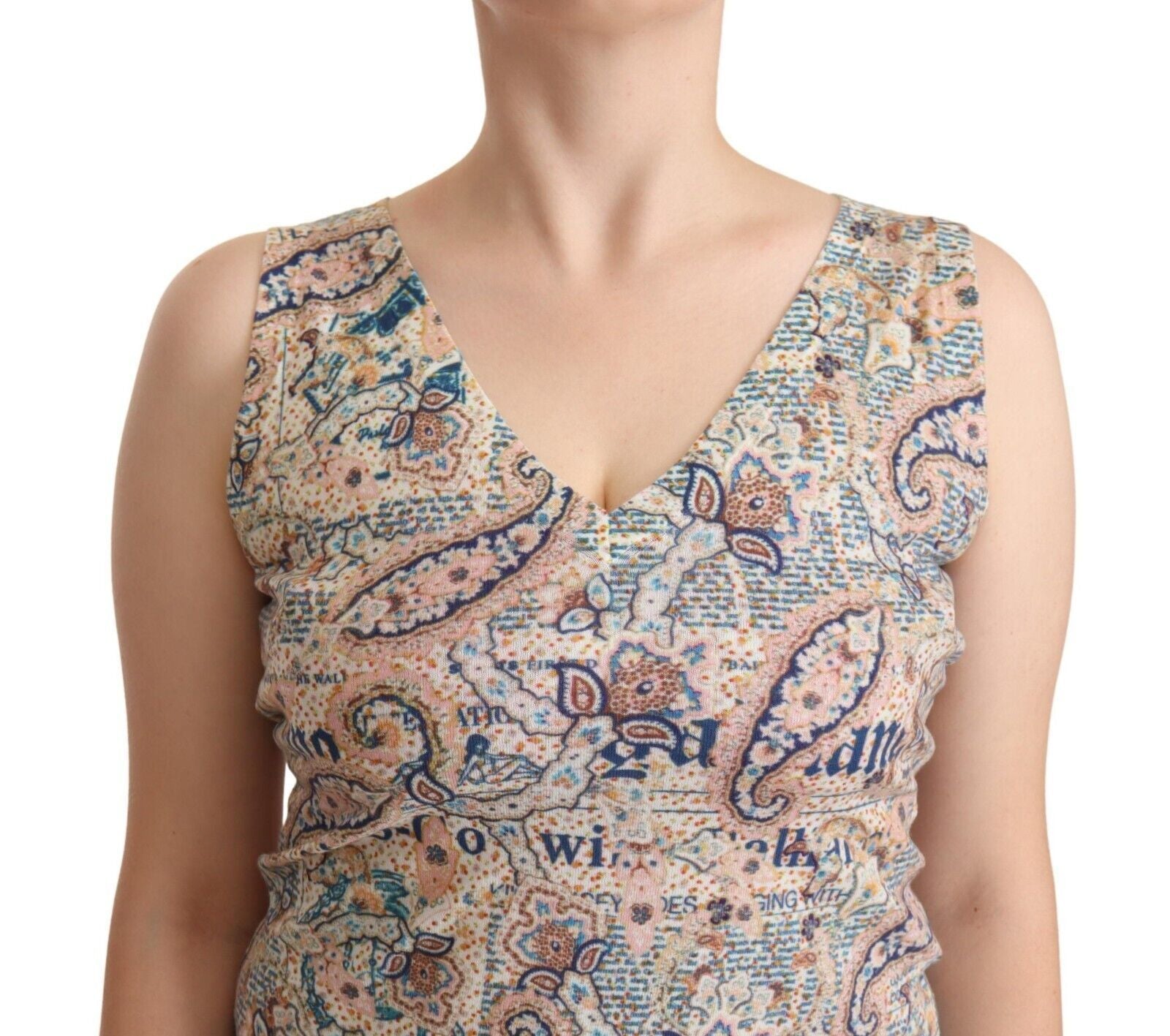 Meerkleurige katoenen mouwloze tanktop met V-hals