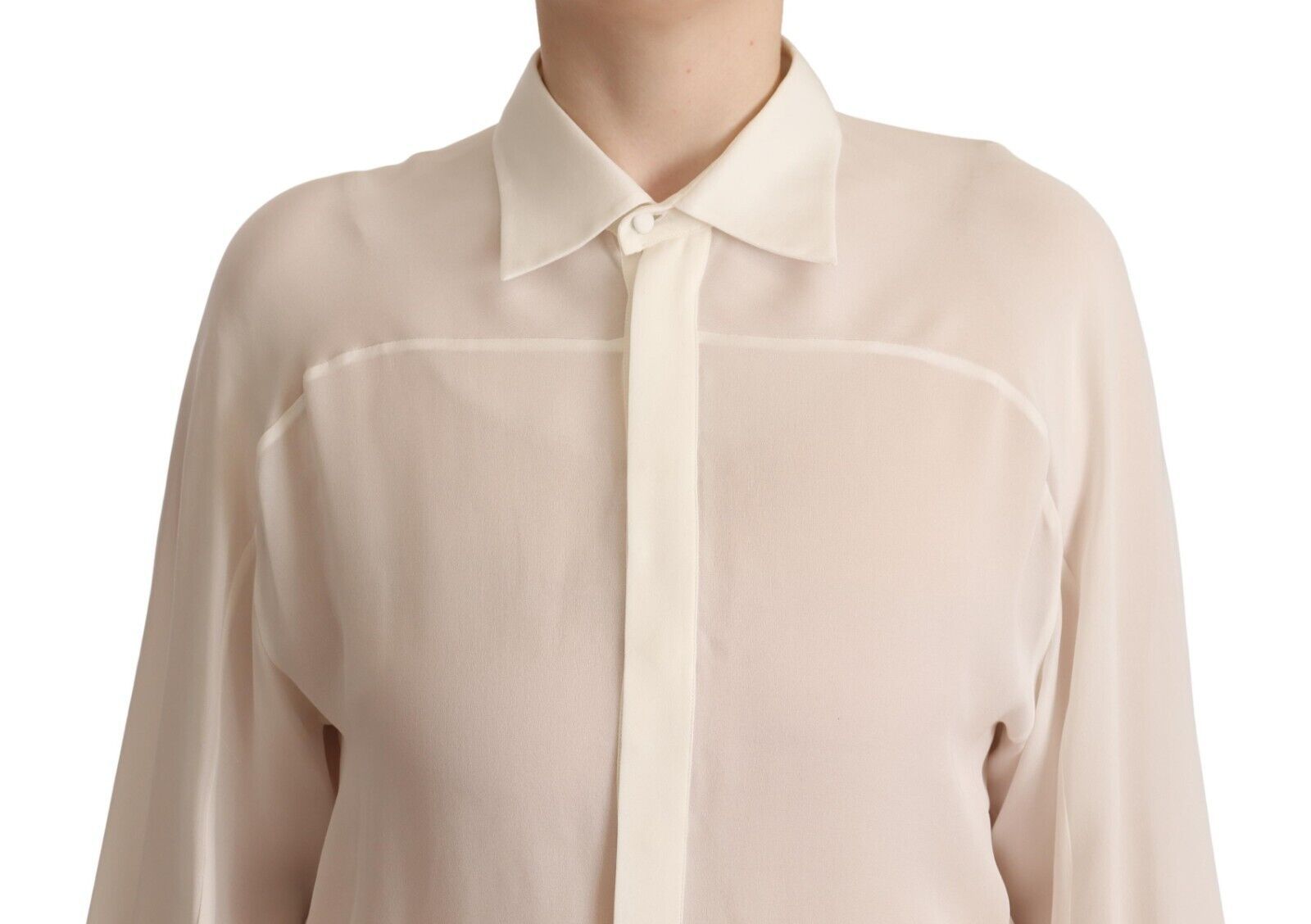 Off White Zijden Blouse Top met Lange Mouwen en Kraag