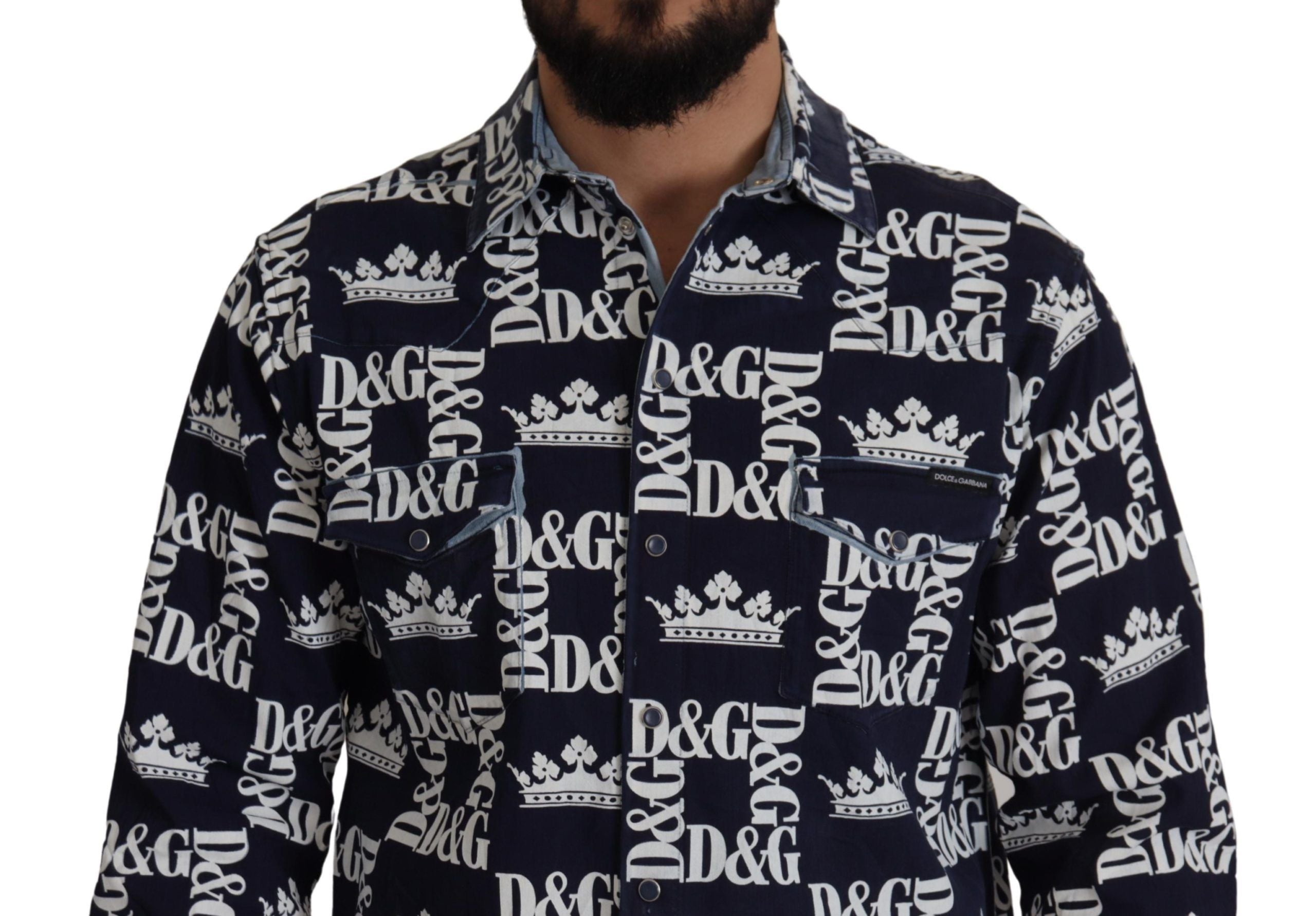 Blauw denim stretch DG Crown Logo casual overhemd