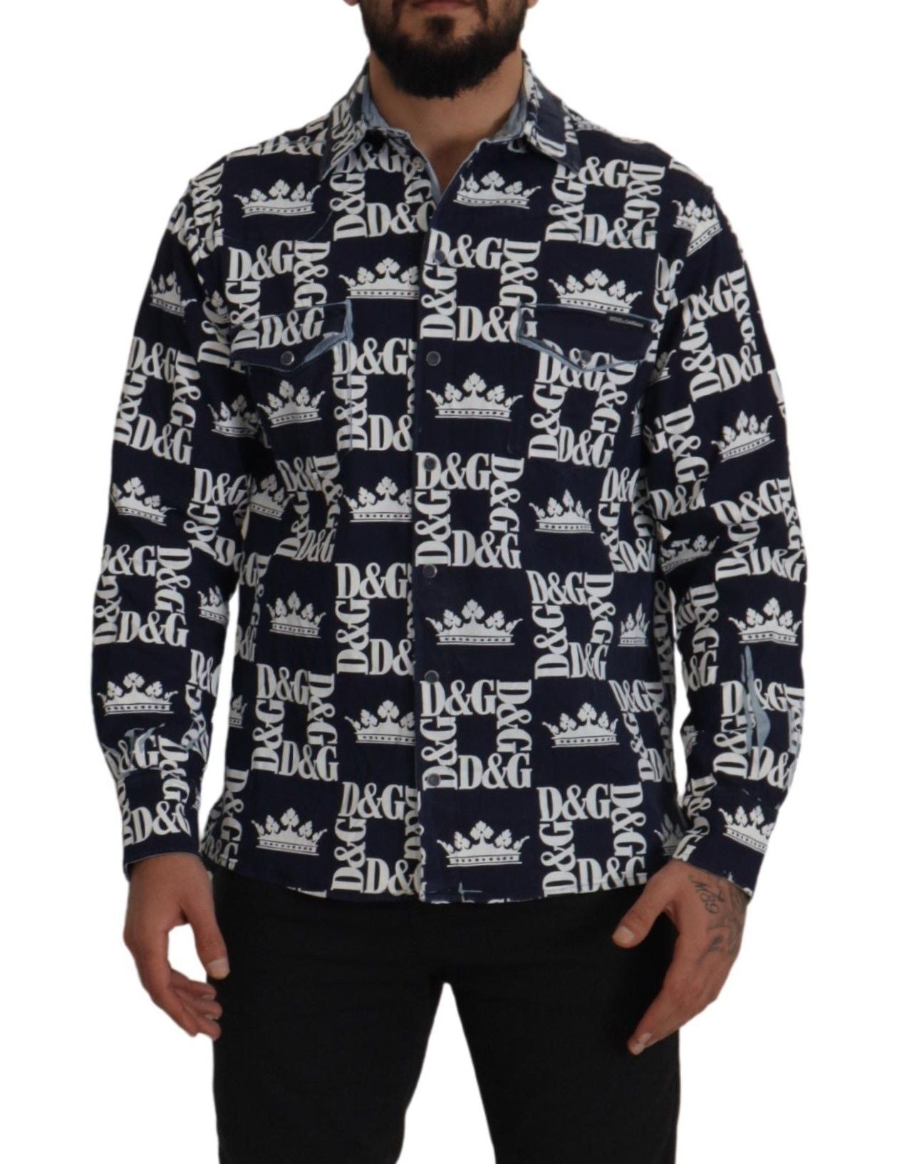Blauw denim stretch DG Crown Logo casual overhemd
