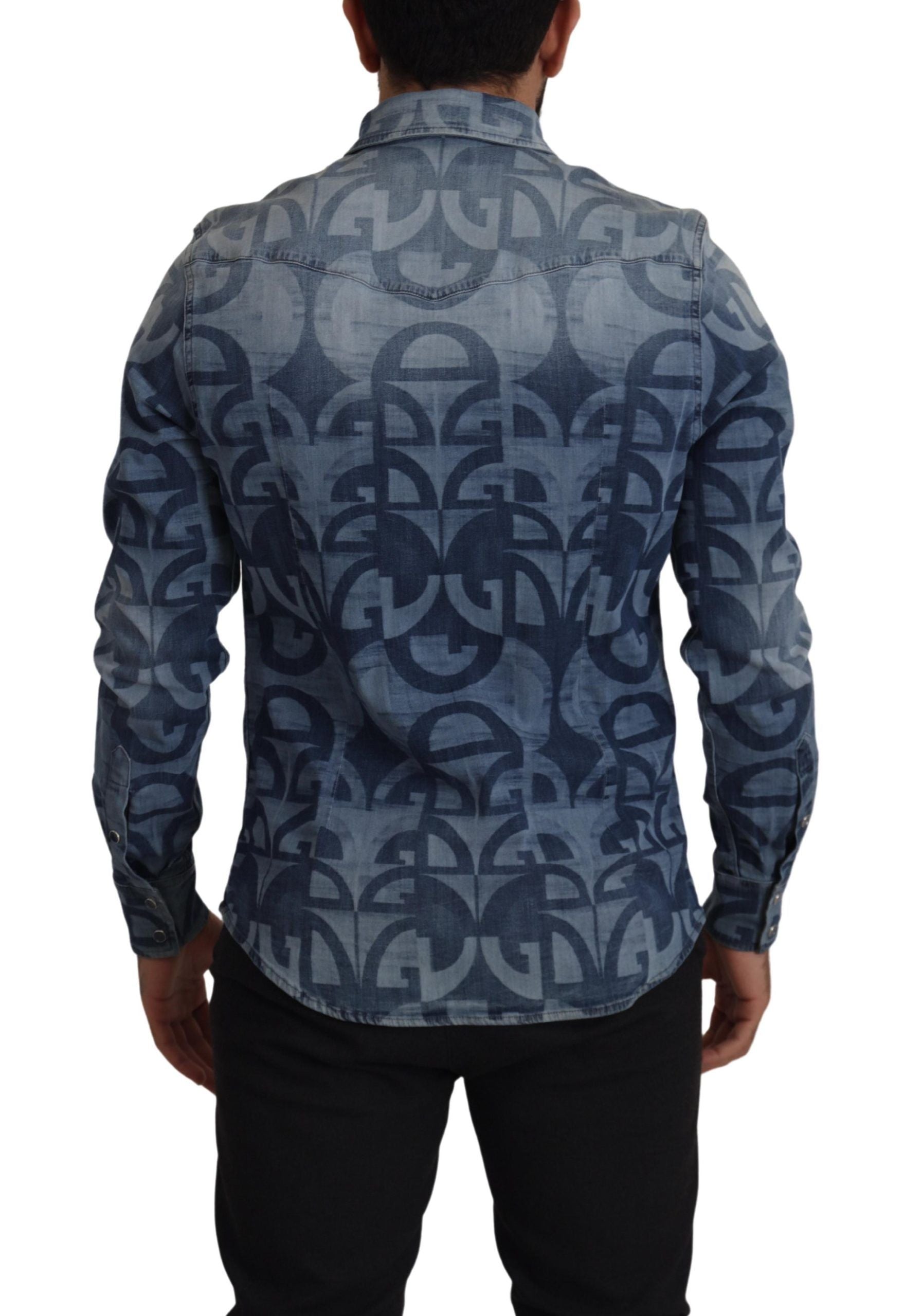 Blauw denim stretch DG logo casual heren slim overhemd
