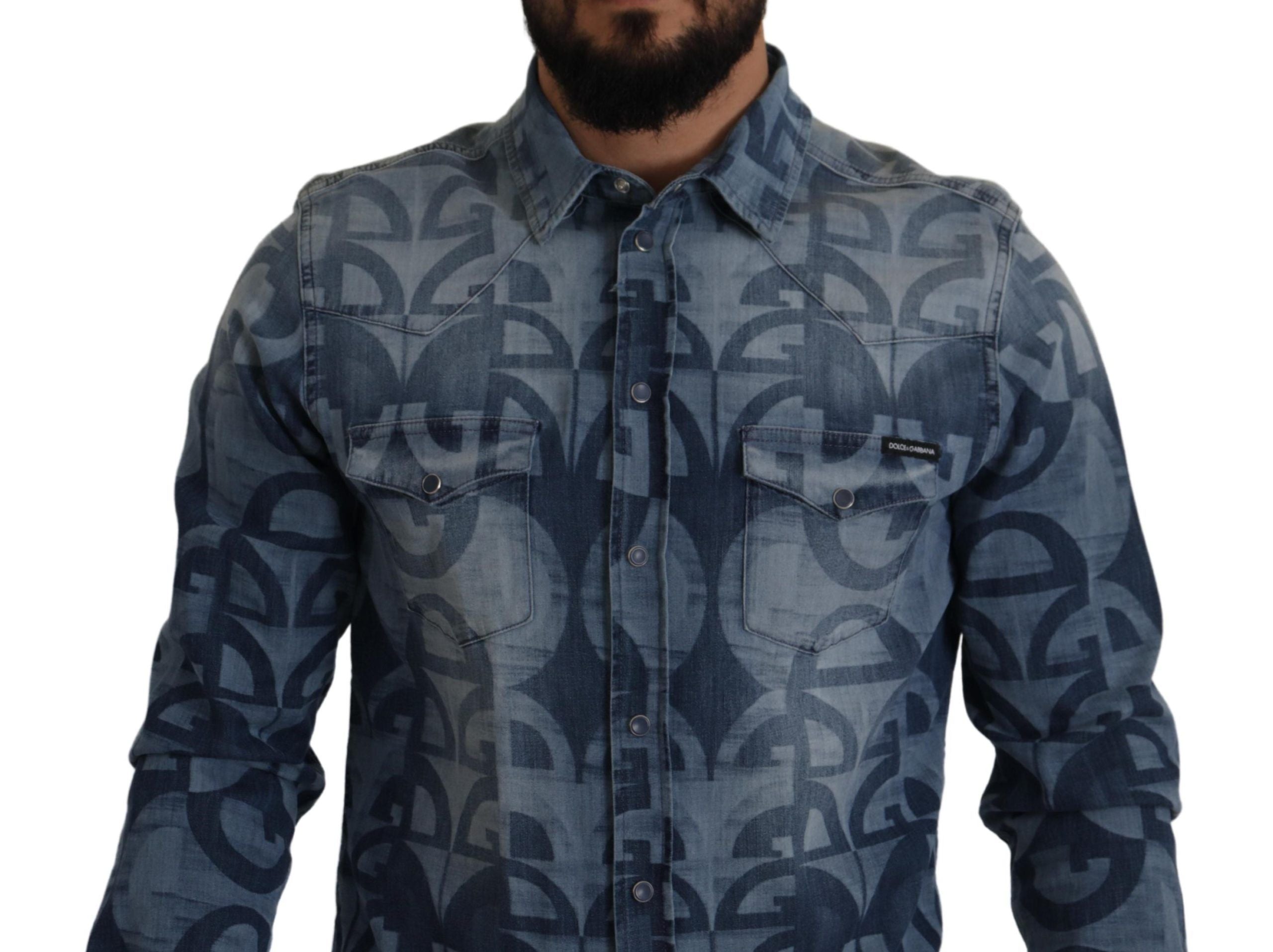 Blauw denim stretch DG logo casual heren slim overhemd