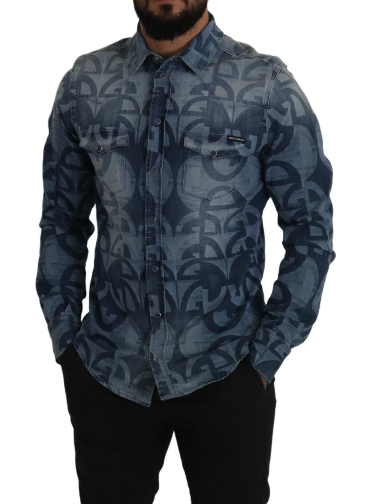 Blauw denim stretch DG logo casual heren slim overhemd
