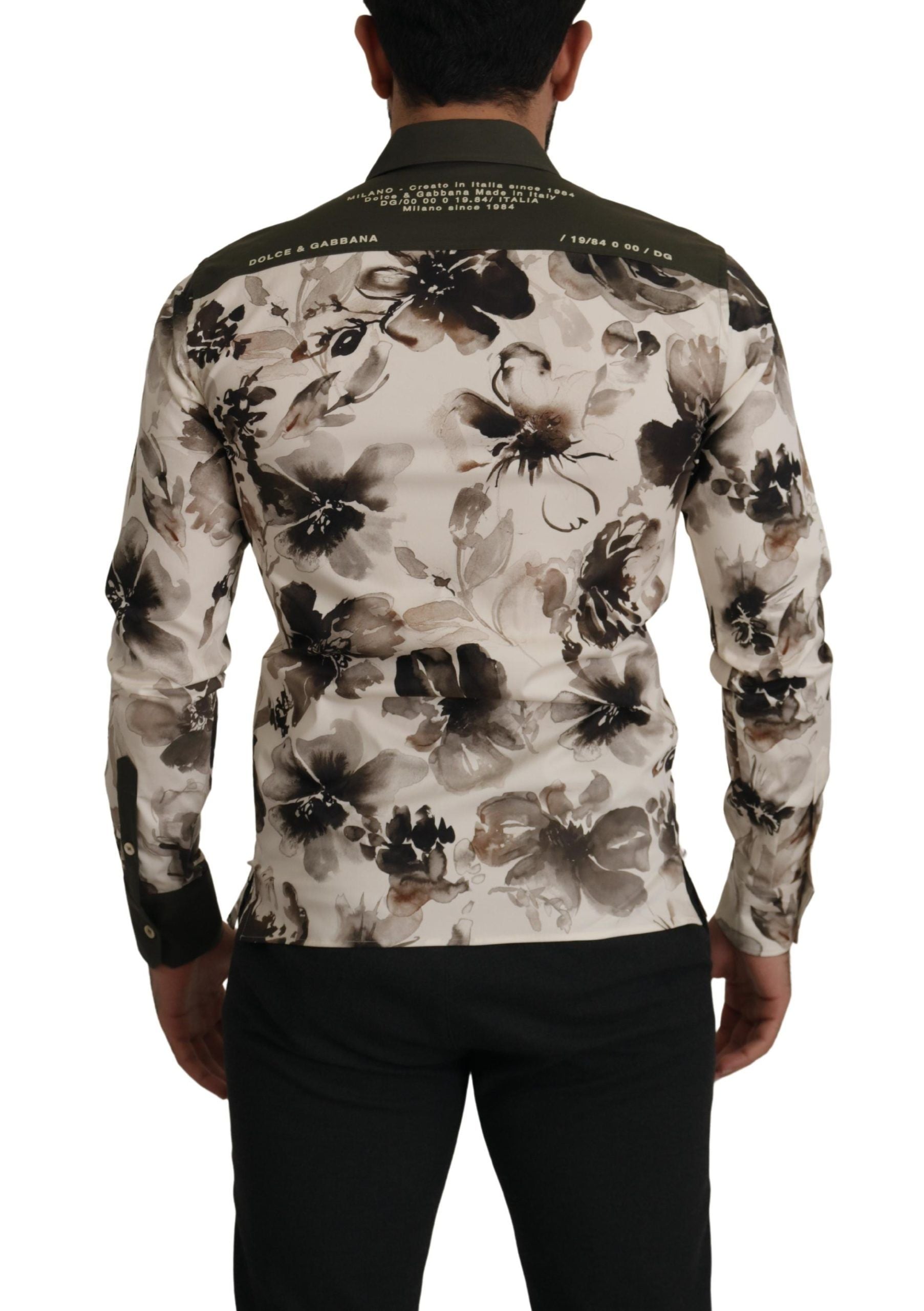Groenbeige bloemen katoenen stretch exclusief overhemd