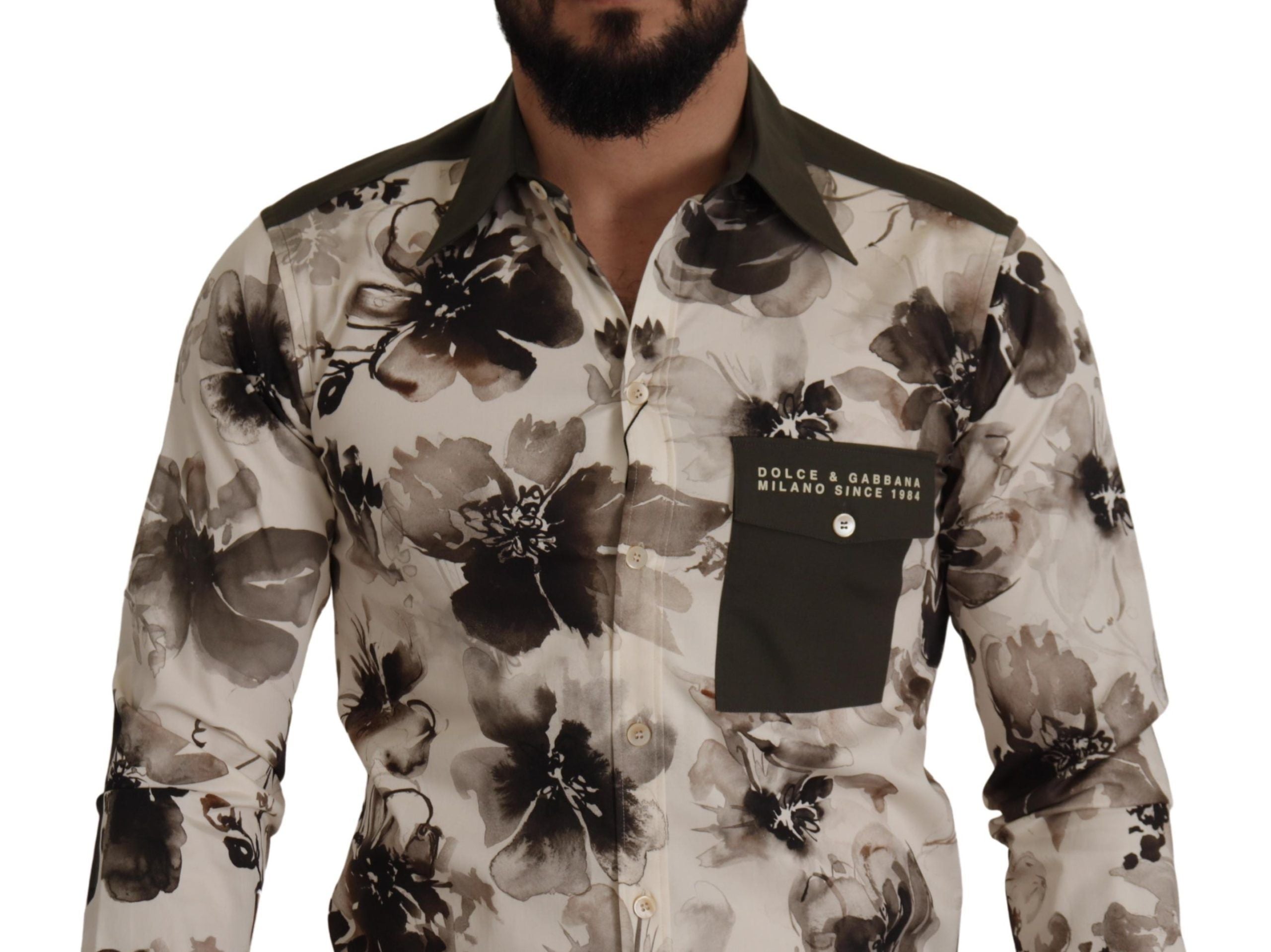 Groenbeige bloemen katoenen stretch exclusief overhemd
