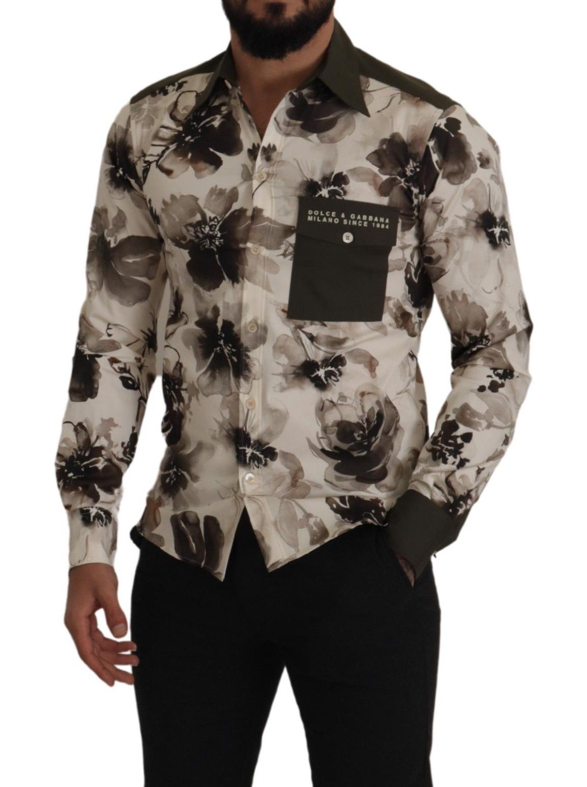 Groenbeige bloemen katoenen stretch exclusief overhemd