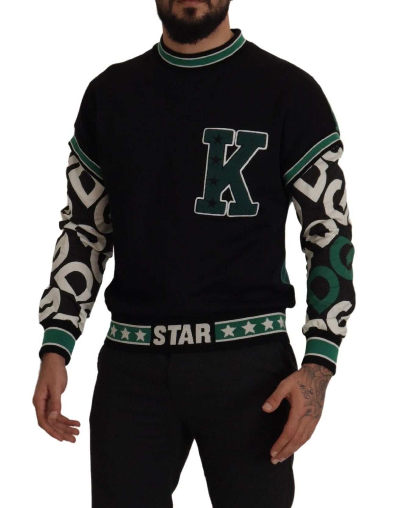 Zwarte groene katoenen KING Star ronde hals trui