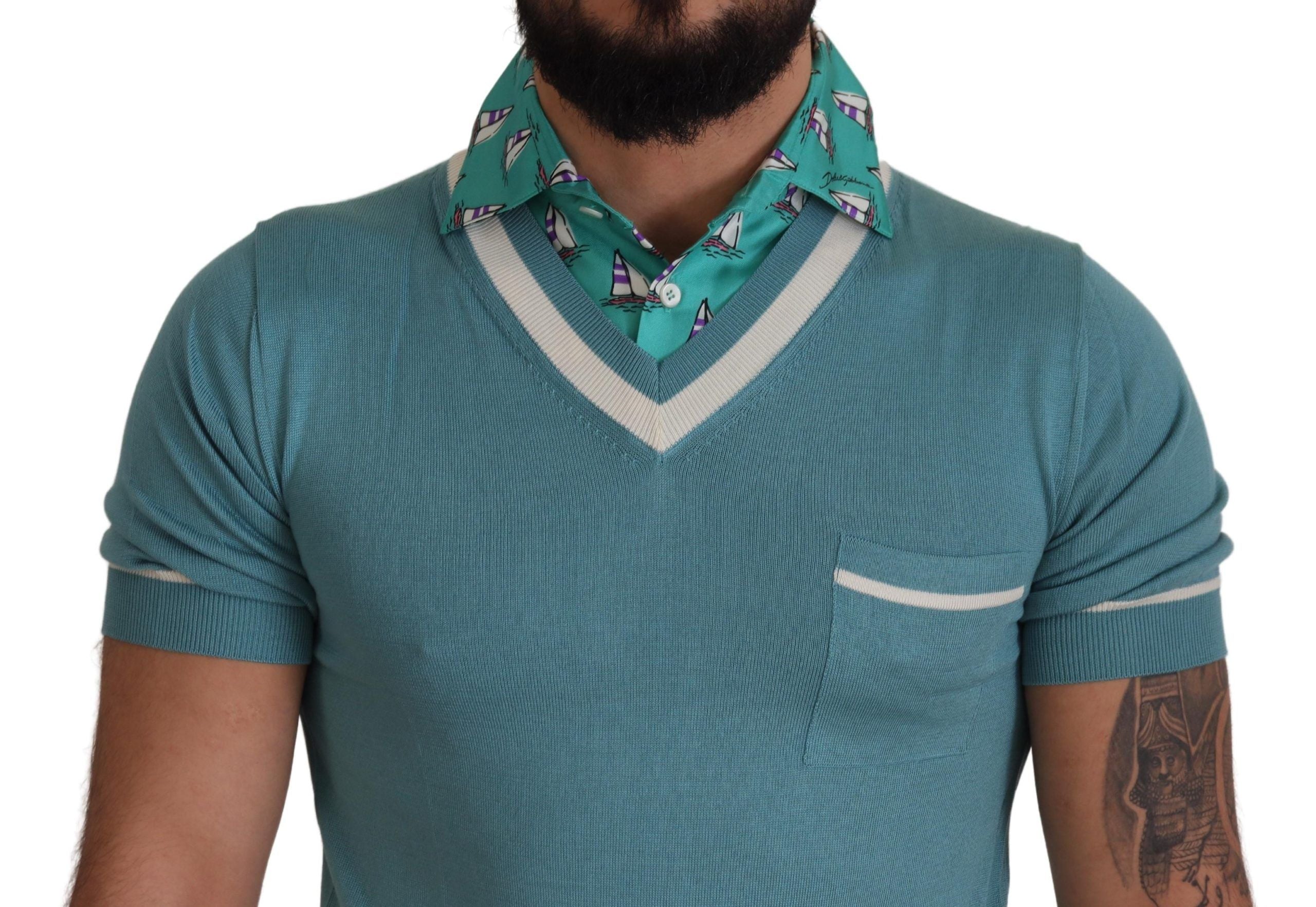Blue Silk Polo Top Mens V-neck T-shirt