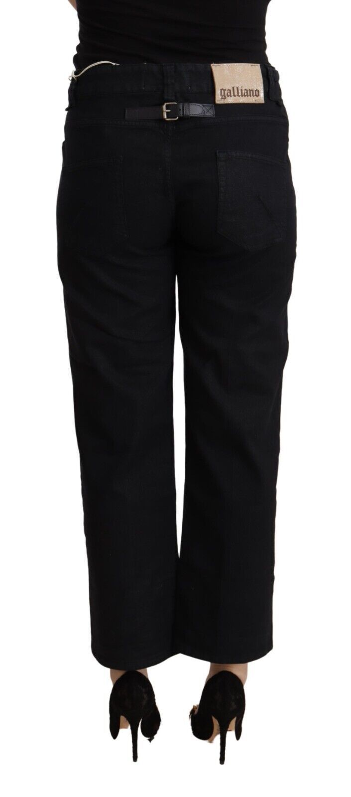 Zwarte katoenen flared cropped high waist denim jeans