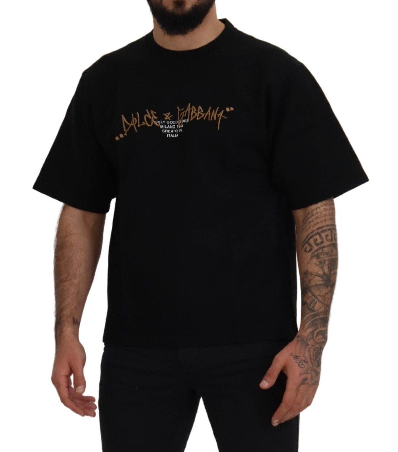 Zwart katoenen T-shirt met ronde hals en logo