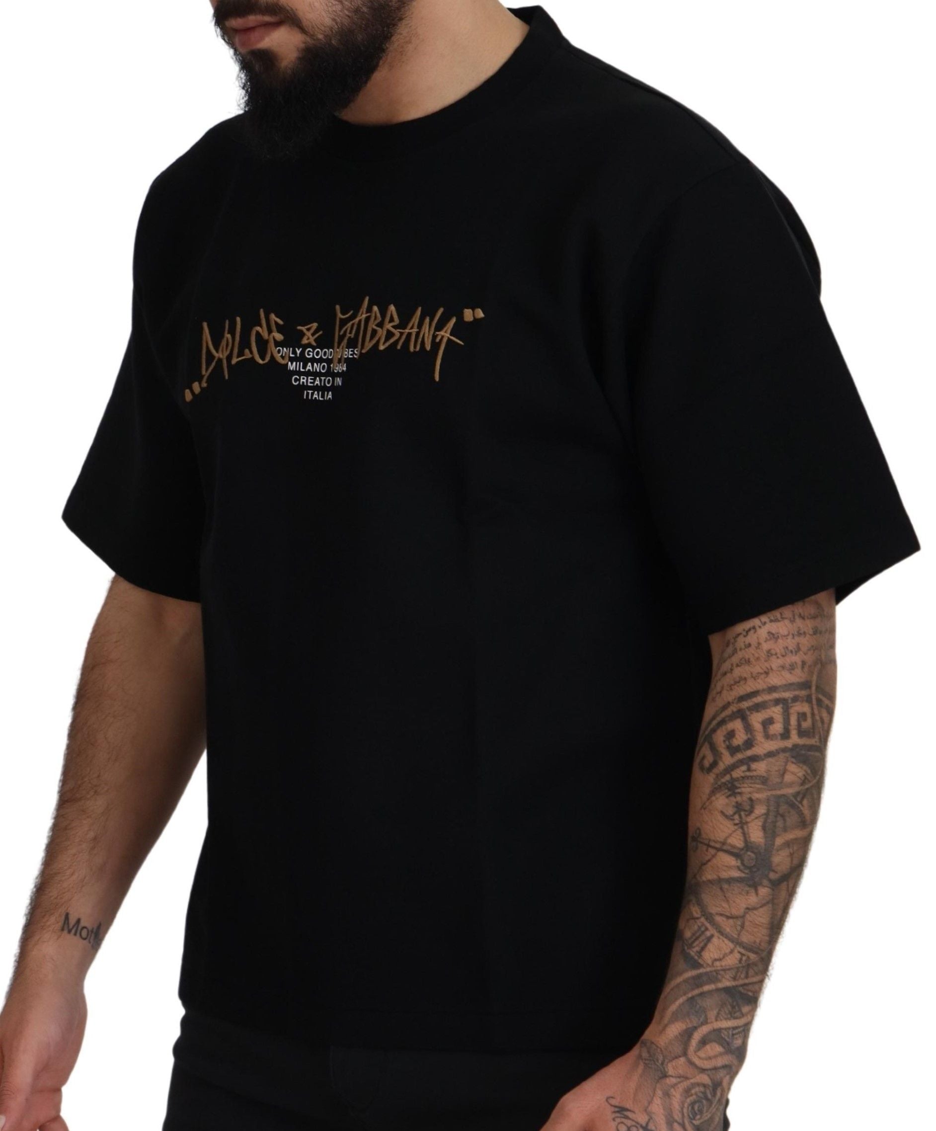 Zwart katoenen T-shirt met ronde hals en logo